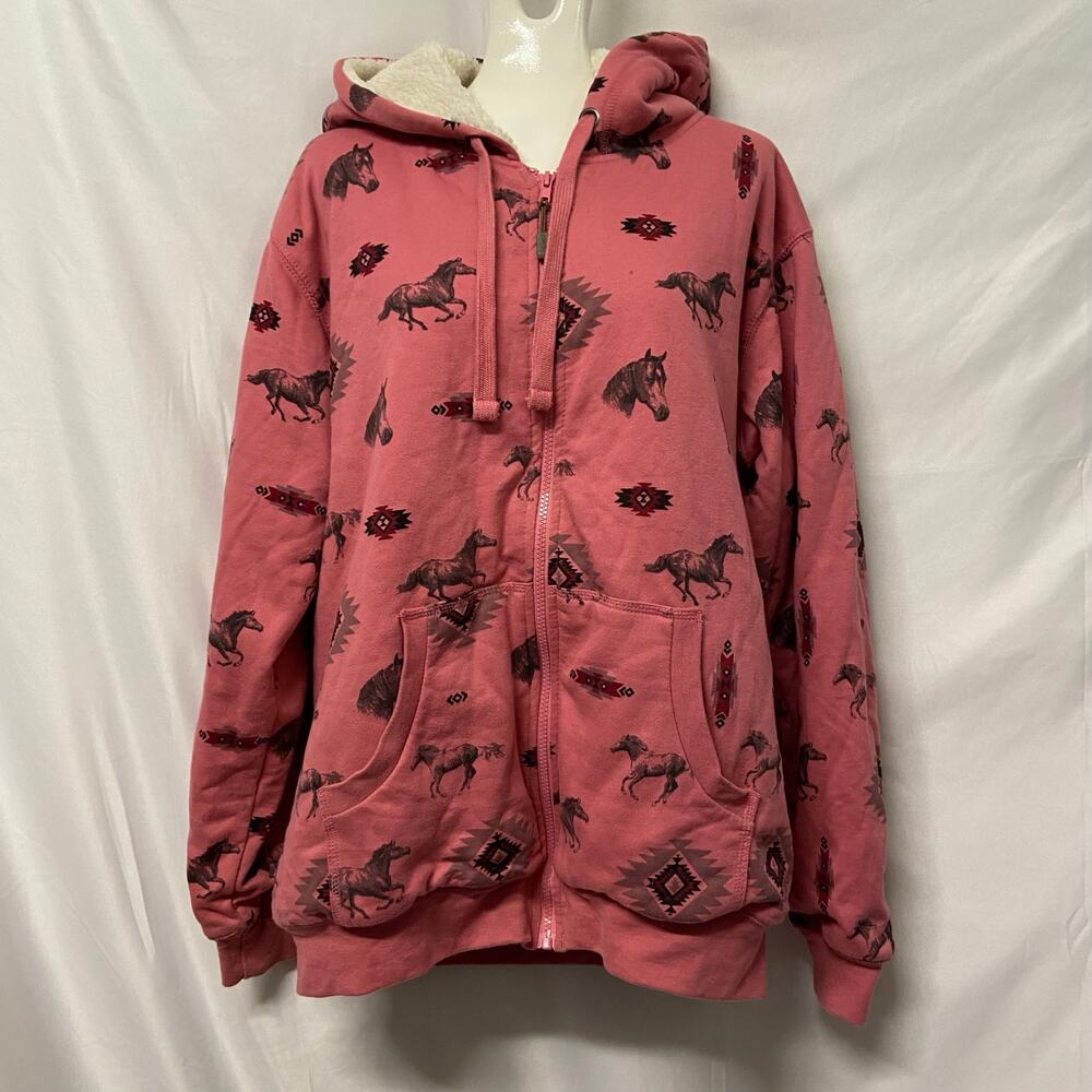 Schmidt Workwear Sweat Shirt Hoodie Sherpa Lined Horses Full Zip XL Vintage